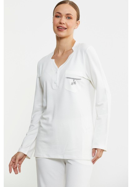 Yarım Düğmeli Cep Detaylı Pijama Takım - Ekru modelleri