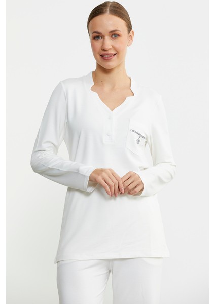 Yarım Düğmeli Cep Detaylı Pijama Takım - Ekru fırsatları