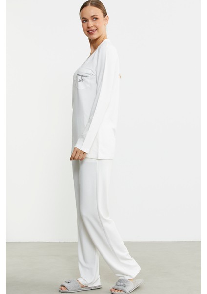 Yarım Düğmeli Cep Detaylı Pijama Takım - Ekru indirimleri