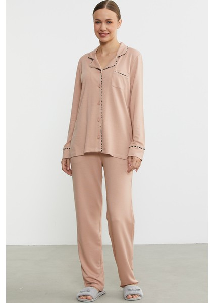 Düz Renk Gömlek Model Pijama Takım - Somon