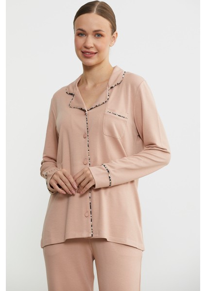 Düz Renk Gömlek Model Pijama Takım - Somon