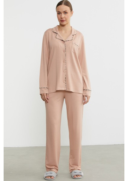 Düz Renk Gömlek Model Pijama Takım - Somon
