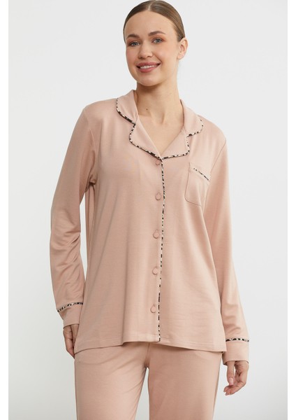 Düz Renk Gömlek Model Pijama Takım - Somon