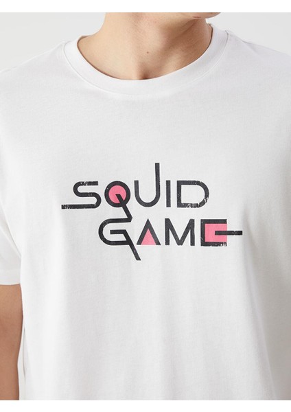 Crew Yaka Kısa Kollu Squıd Game Baskılı Penye Pamuklu Erkek Tişörtü