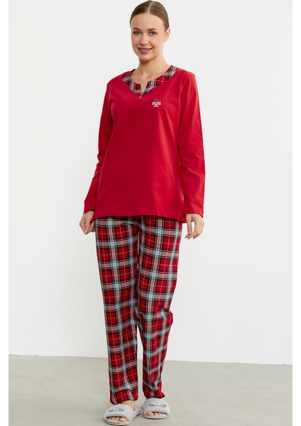 Düz Kombinli Ekose Pijama Takım - Kırmızı