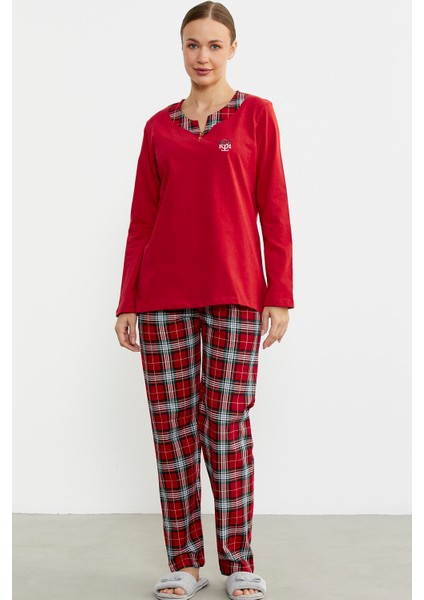 Düz Kombinli Ekose Pijama Takım - Kırmızı fiyatları