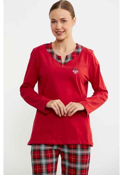 Düz Kombinli Ekose Pijama Takım - Kırmızı modelleri