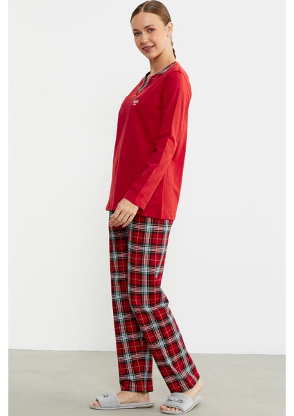 Düz Kombinli Ekose Pijama Takım - Kırmızı indirimleri