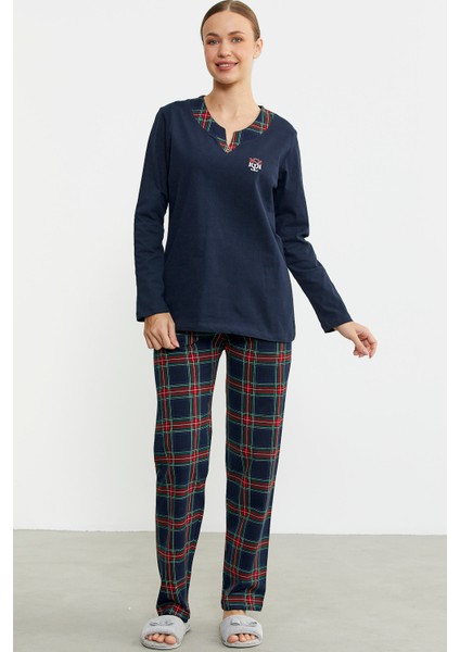 Düz Kombinli Ekose Pijama Takım - Lacivert