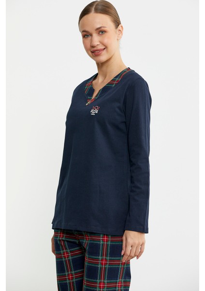 Düz Kombinli Ekose Pijama Takım - Lacivert modelleri