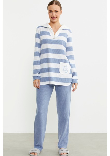 Kalın Çizgi Detaylı Pijama Takım - Mavi
