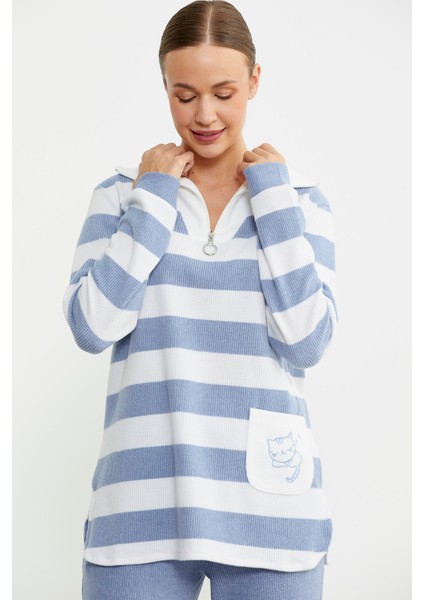 Kalın Çizgi Detaylı Pijama Takım - Mavi