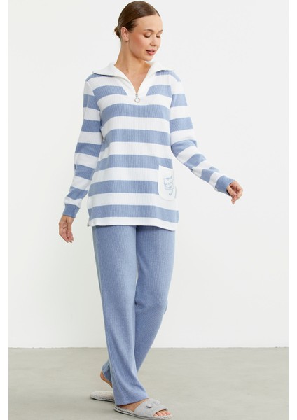 Kalın Çizgi Detaylı Pijama Takım - Mavi