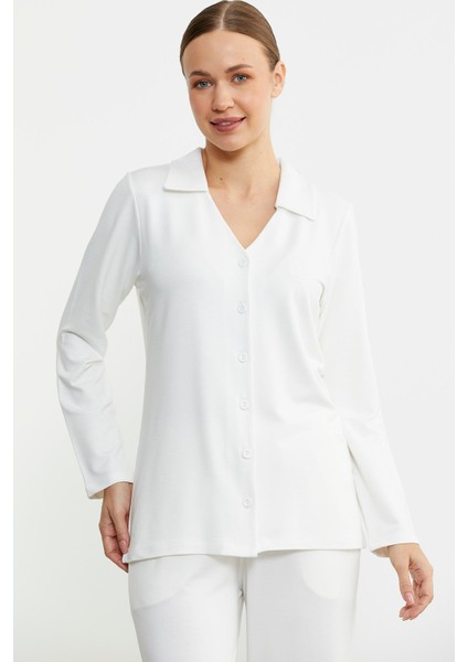 Gömlek Model Nakışlı Pijama Takım - Ekru