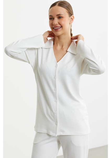 Gömlek Model Nakışlı Pijama Takım - Ekru