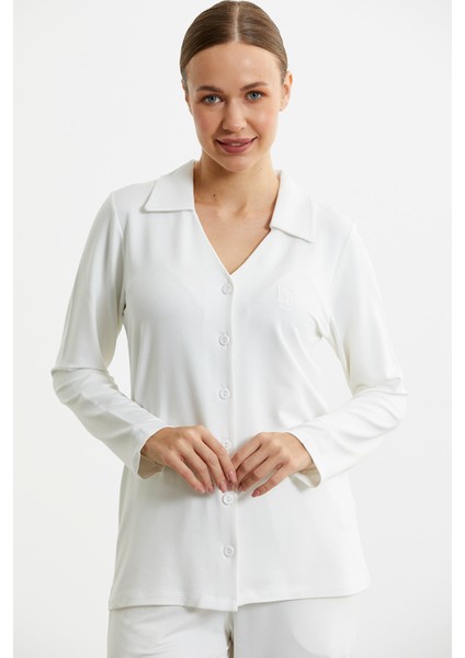 Gömlek Model Nakışlı Pijama Takım - Ekru
