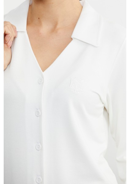 Gömlek Model Nakışlı Pijama Takım - Ekru