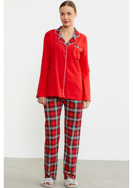 Gömlek Model Ekose Pijama Takım - Kırmızı