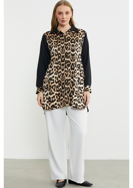 Leopar Detaylı Tunik Gömlek - Siyah