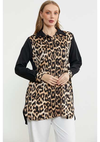 Leopar Detaylı Tunik Gömlek - Siyah