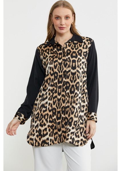 Leopar Detaylı Tunik Gömlek - Siyah