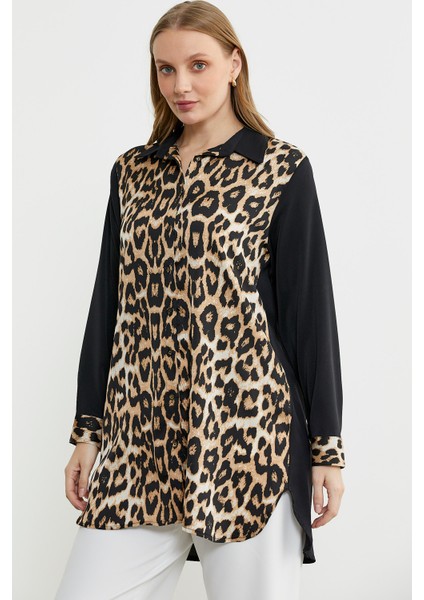 Leopar Detaylı Tunik Gömlek - Siyah