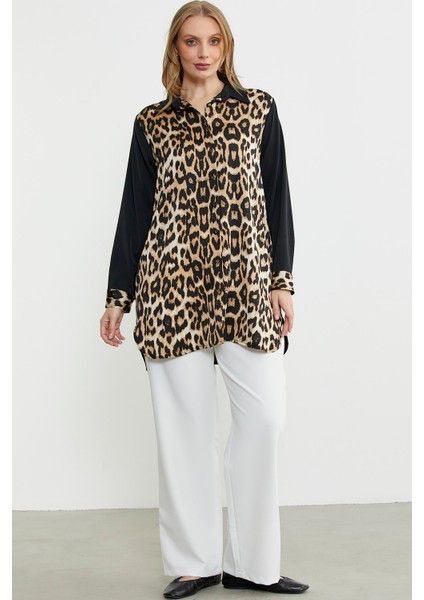 Leopar Detaylı Tunik Gömlek - Siyah