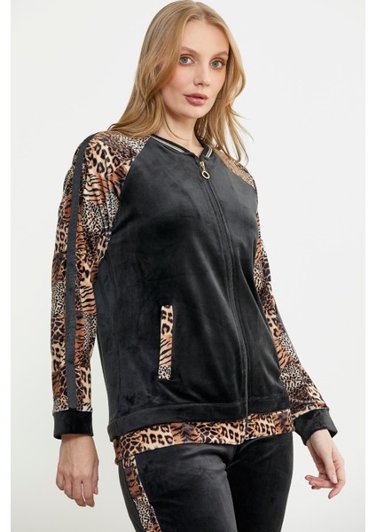 Leopar Kombinli Kadife Eşofman Takım - Siyah modelleri