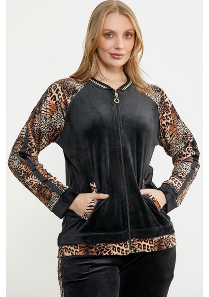 Leopar Kombinli Kadife Eşofman Takım - Siyah fırsatları