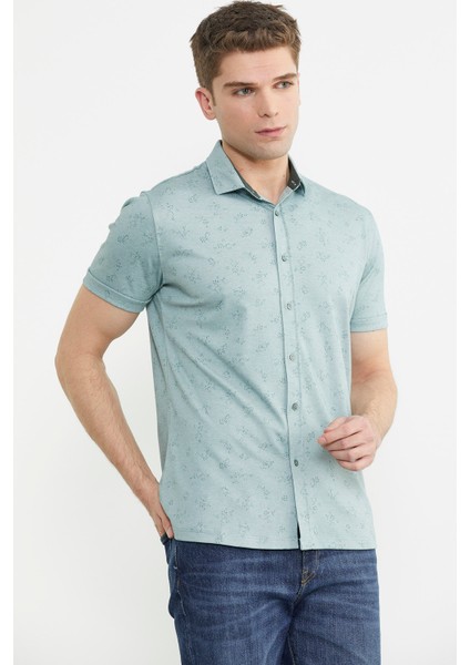 Slim Fit Baskılı Penye Gömlek - Yeşil fırsatları