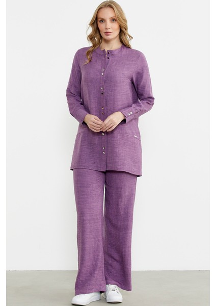 Keten Görünümlü Gömlek Pantolon Takım - Mor