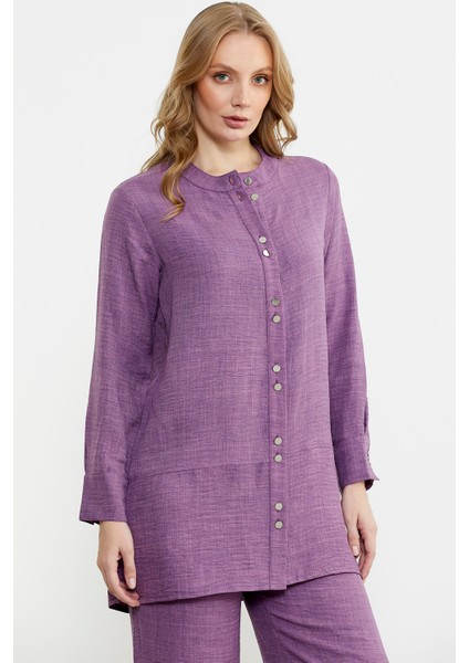 Keten Görünümlü Gömlek Pantolon Takım - Mor fiyatları