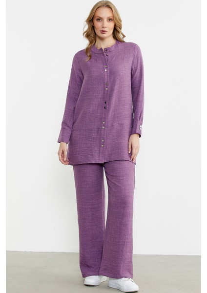 Keten Görünümlü Gömlek Pantolon Takım - Mor modelleri