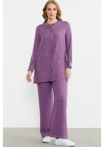 Keten Görünümlü Gömlek Pantolon Takım - Mor fırsatları