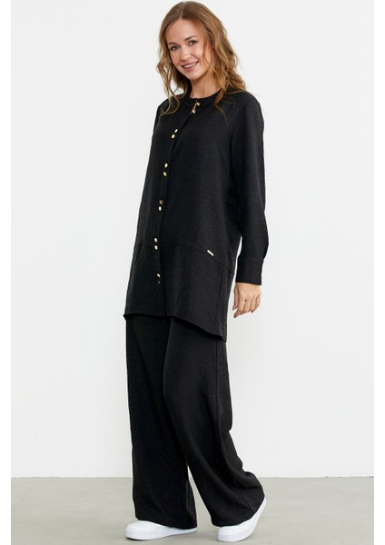 Keten Görünümlü Gömlek Pantolon Takım - Siyah