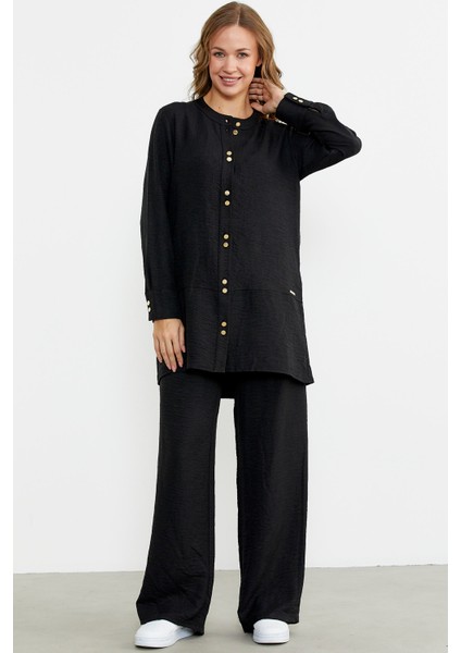 Keten Görünümlü Gömlek Pantolon Takım - Siyah modelleri