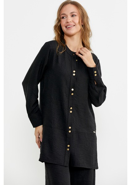 Keten Görünümlü Gömlek Pantolon Takım - Siyah fırsatları