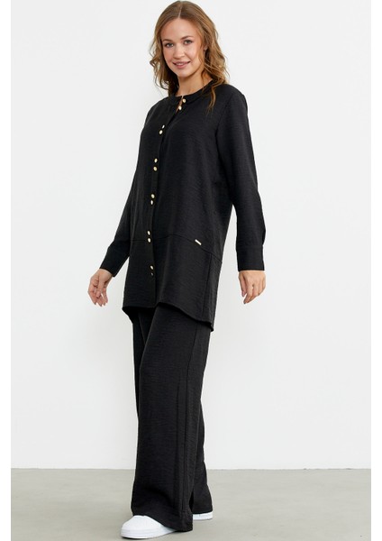 Keten Görünümlü Gömlek Pantolon Takım - Siyah indirimleri