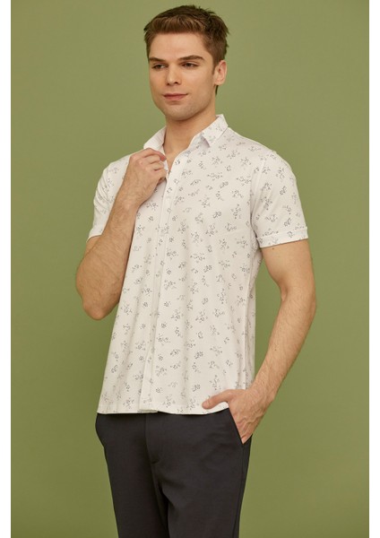 Slim Fit Baskılı Penye Gömlek - Beyaz fiyatları