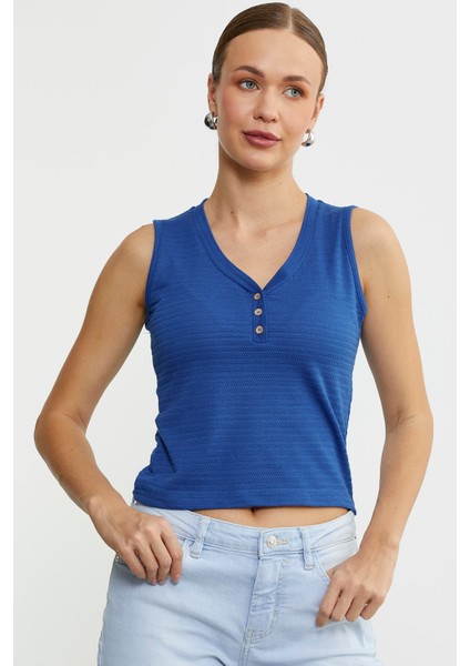 Kalın Askılı V Yaka Tişört - Saks fiyatları