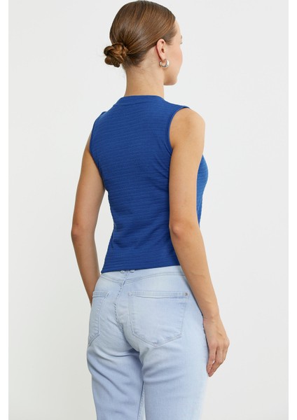 Kalın Askılı V Yaka Tişört - Saks indirimleri