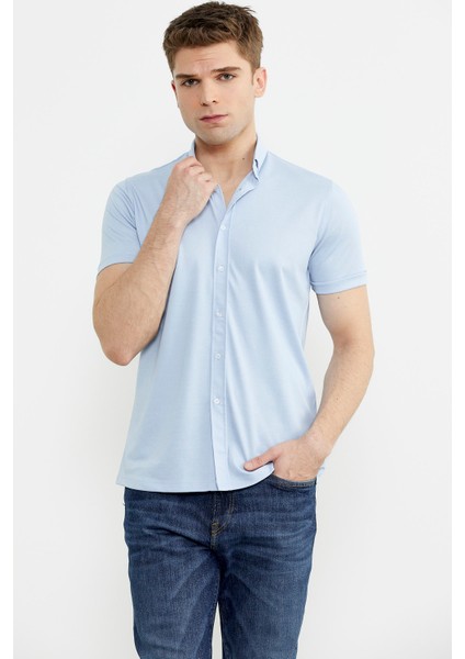 Kısa Kol Slim Fit Penye Gömlek - Açık Mavi