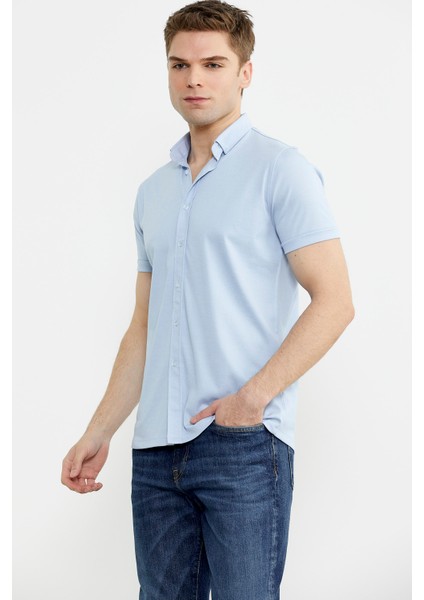 Kısa Kol Slim Fit Penye Gömlek - Açık Mavi fiyatları