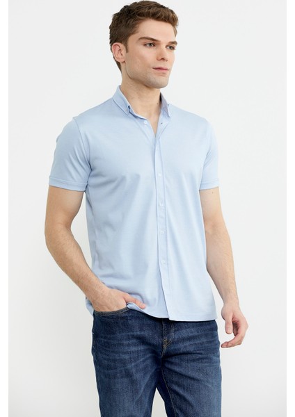 Kısa Kol Slim Fit Penye Gömlek - Açık Mavi modelleri