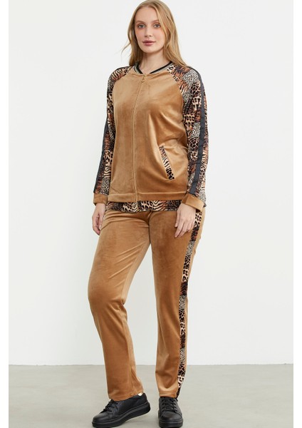 Leopar Kombinli Kadife Eşofman Takım - Bej