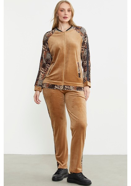 Leopar Kombinli Kadife Eşofman Takım - Bej fiyatları