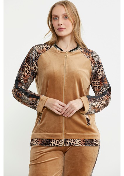Leopar Kombinli Kadife Eşofman Takım - Bej modelleri