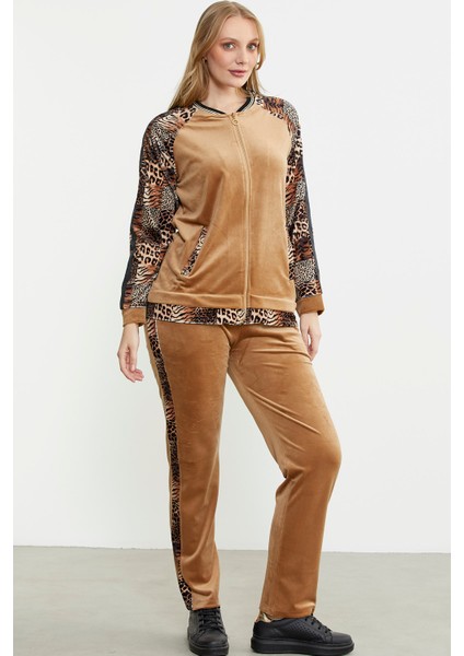 Leopar Kombinli Kadife Eşofman Takım - Bej fırsatları