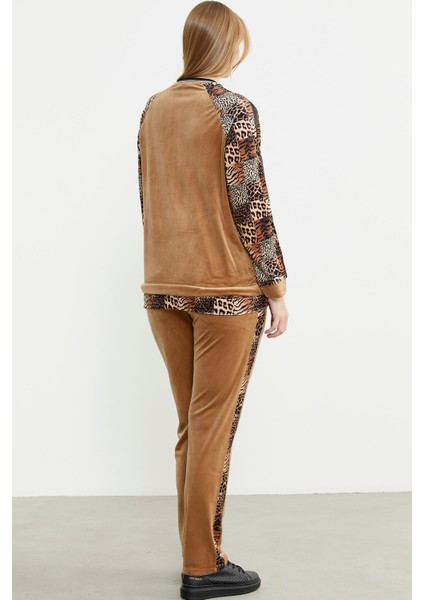Leopar Kombinli Kadife Eşofman Takım - Bej indirimleri