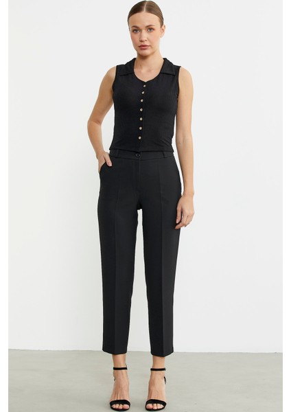 Bilek Boy Cepli Kumaş Pantolon - Siyah